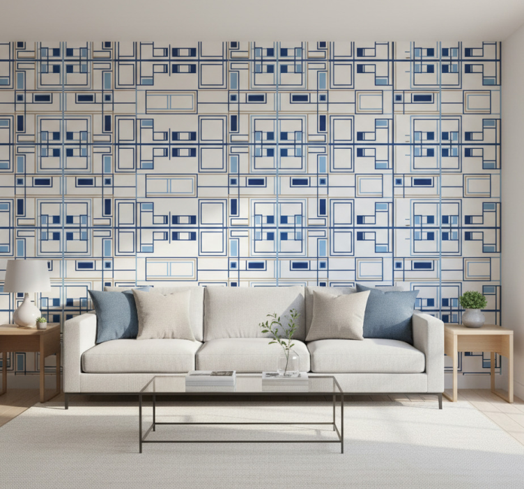 Tapet fyrkanter geometriska former blå - Tenstickers