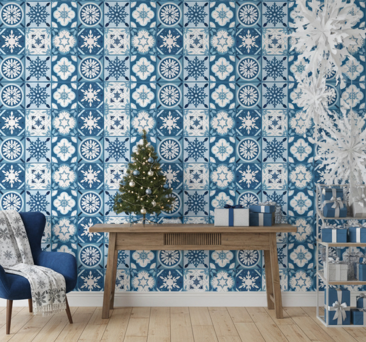Tapet jul blå snöflingor plattor - Tenstickers