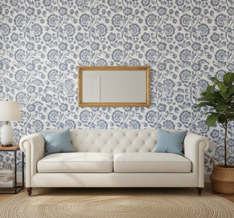 Tapet klassisk blå blommor vit bakgrund - Tenstickers