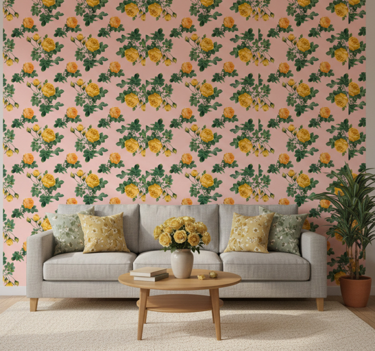 Tapet klassisk gula rosor och gröna blad - Tenstickers