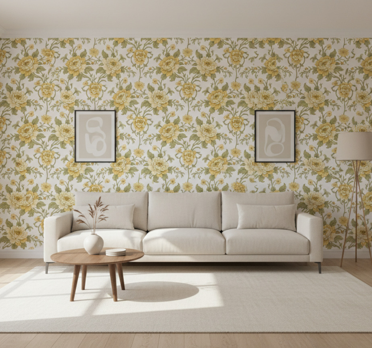 Tapet klassisk vintage design med blommor i gult - Tenstickers