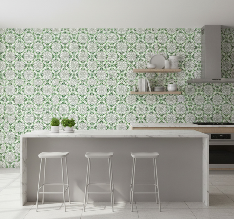 Tapet kök grön blommig mosaik - Tenstickers