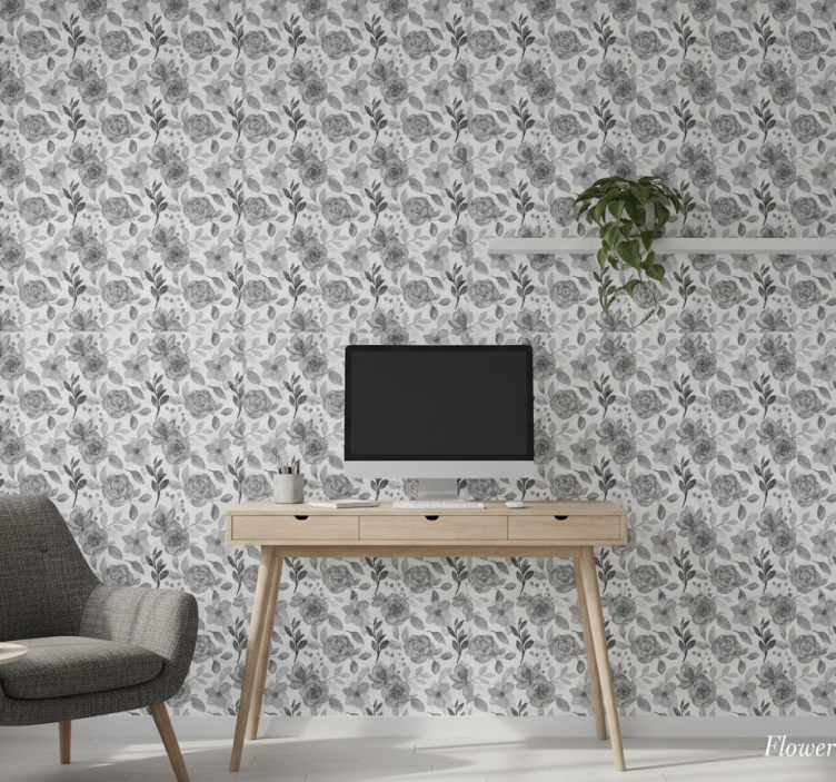 Tapet kontor blommor på grå - Tenstickers