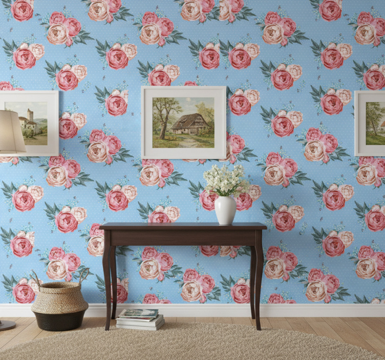 Tapet korridor blå blommande rosa rosor - Tenstickers