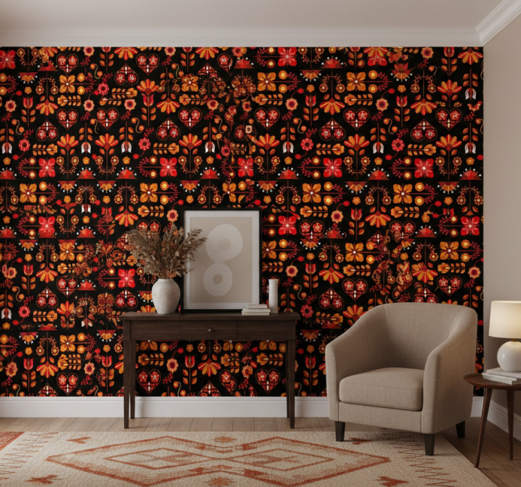 Tapet korridor orange folk art - Tenstickers