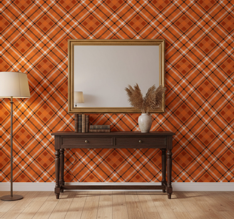 Tapet korridor orange mönstrade rutor med bruna linjer - Tenstickers