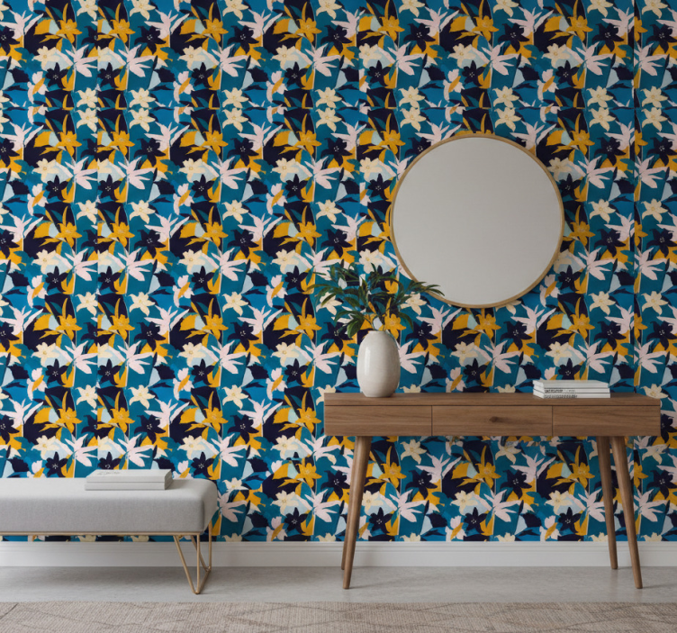 Tapet korridor vita liljor på blå bakgrund - Tenstickers