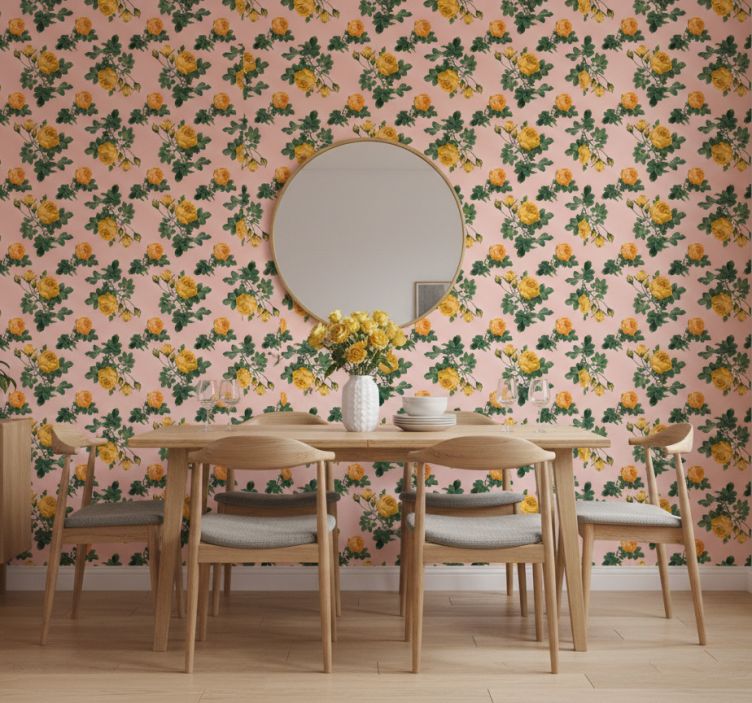 Tapet matsal med mönster av gula rosor - Tenstickers
