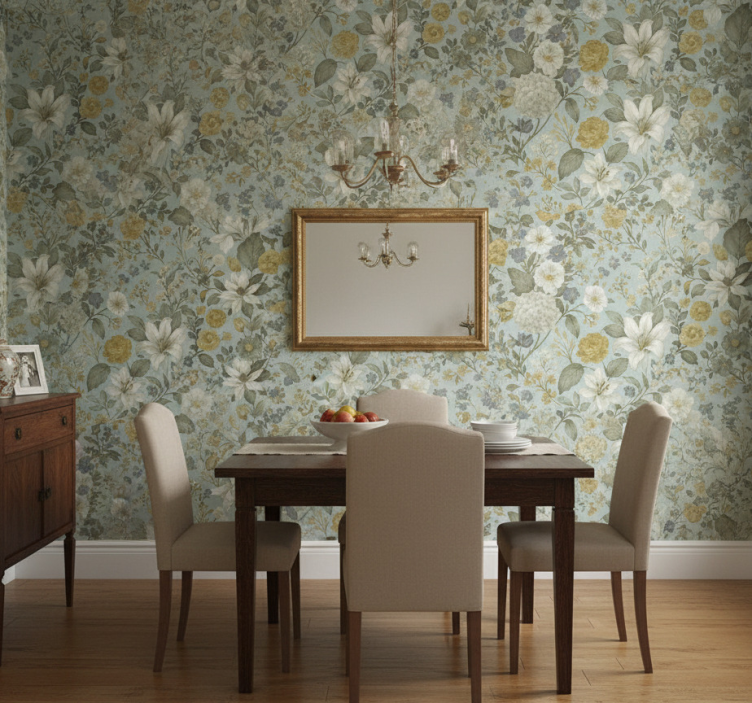 Tapet matsal olivtonade blommor - Tenstickers