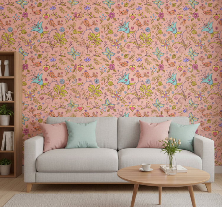 Tapet natur flora mönster med fåglar och fjärilar - Tenstickers
