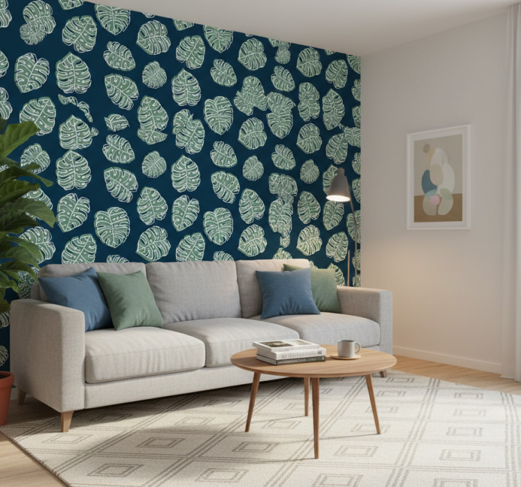 Tapet natur grön och blå monstera deliciosa - Tenstickers