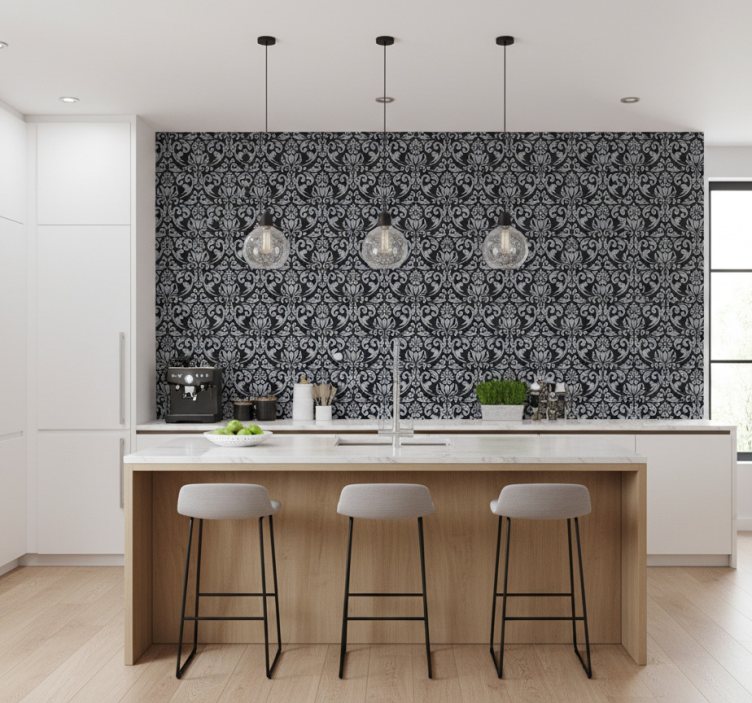 Tapet plattor grå och svart barock mosaikmönster - Tenstickers