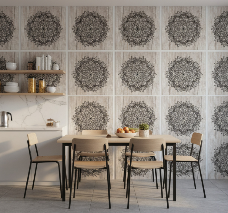 Tapet plattor svart mandala på trä - Tenstickers