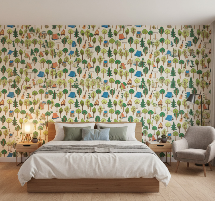 Tapet sovrum campingutrustning gitarrer ficklampa bi - Tenstickers