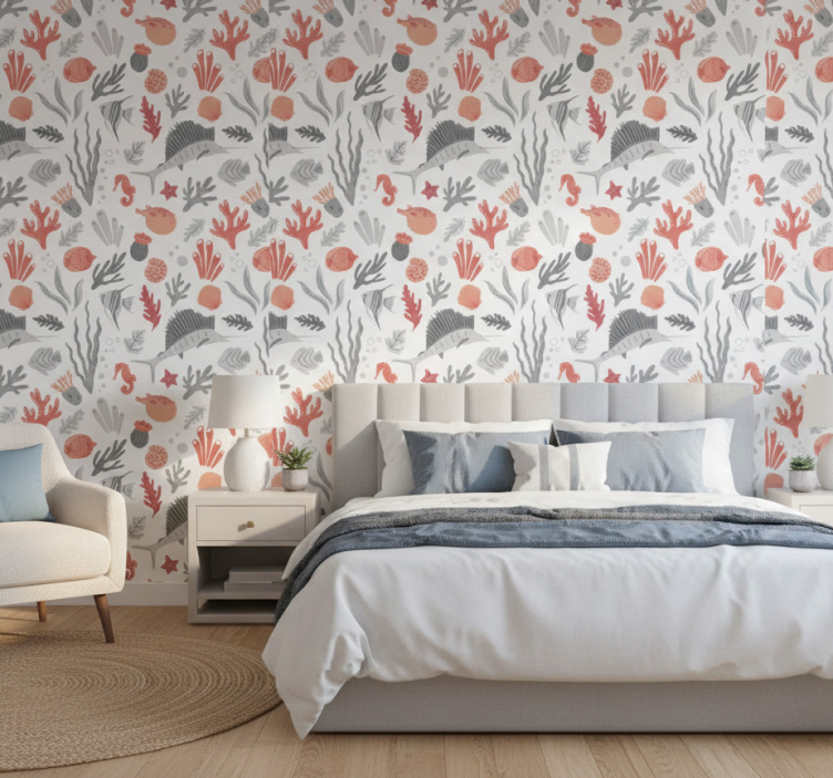 Tapet sovrum marinliv illustration - Tenstickers
