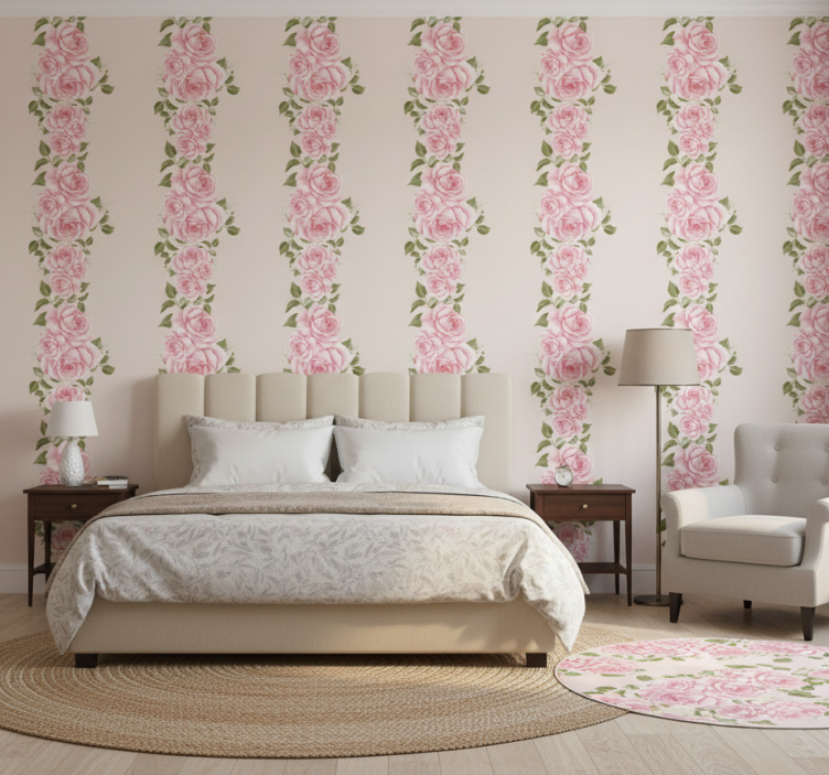 Tapet sovrum med vintage rosa rosor mönster - Tenstickers
