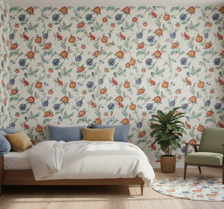 Tapet sovrum retro blommor design - Tenstickers