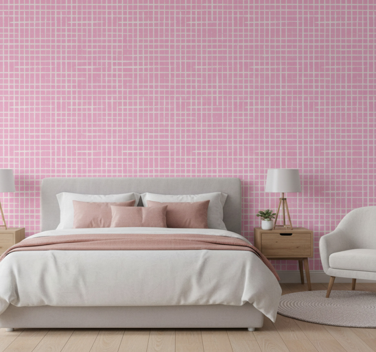 Tapet sovrum rosa bakgrund vita linjer modern design - Tenstickers