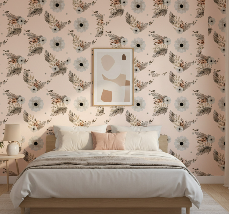 Tapet sovrum rosa och svarta pastellblommor mönster - Tenstickers