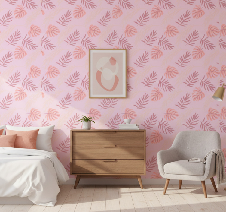 Tapet sovrum rosa tropiska bladdesign - Tenstickers