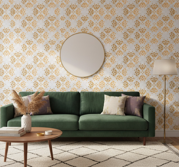 Fondtapet vardagsrum gyllene mandalamönster - Tenstickers