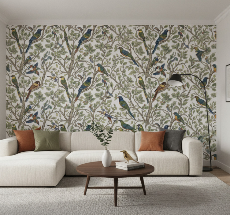 Tapet träd fåglar i skogen (b06wd69gpb) - Tenstickers