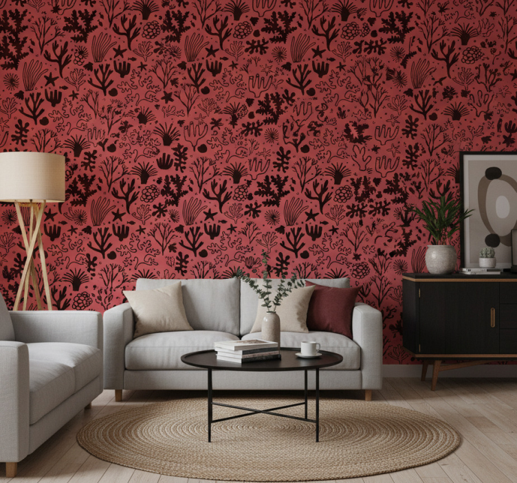 Tapet träd röd och svart australiensiska blad - Tenstickers