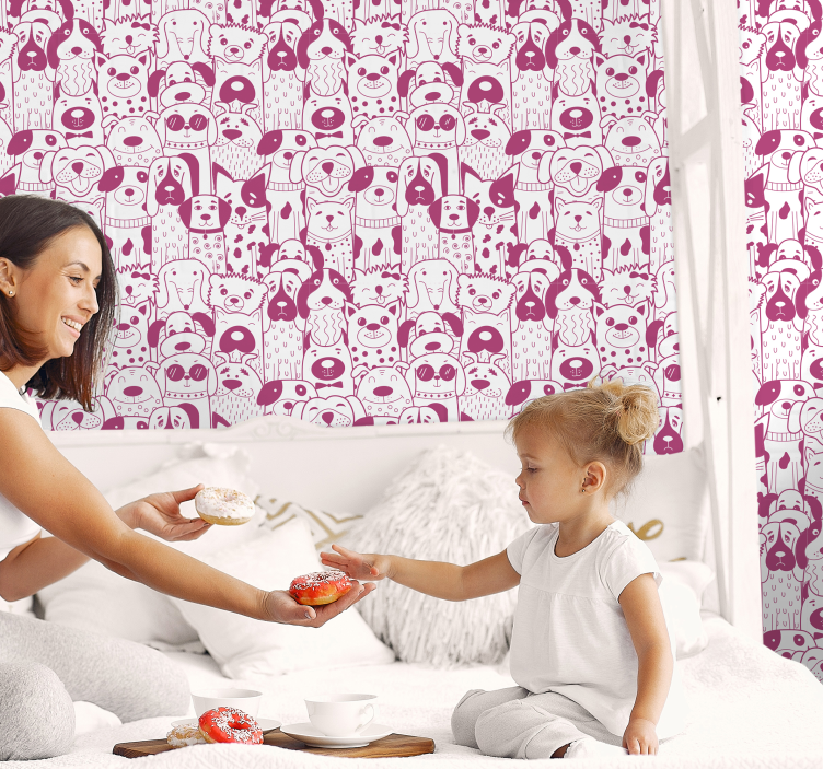 Teckning av rosa hundar med pälsdjur tapeter - Tenstickers