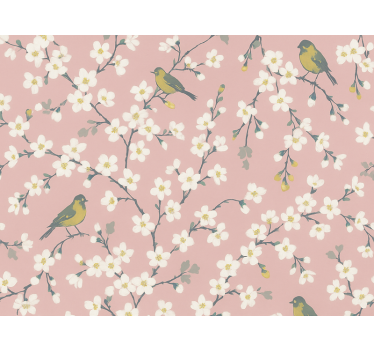 Tapet blommor rosa fruktträd fåglar - Tenstickers