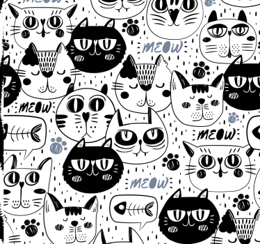 Svartvitt katt ansikten mönster barn tapet - Tenstickers