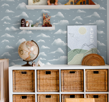 Grå 80 -talets designmoln och fåglar retro tapeter - Tenstickers