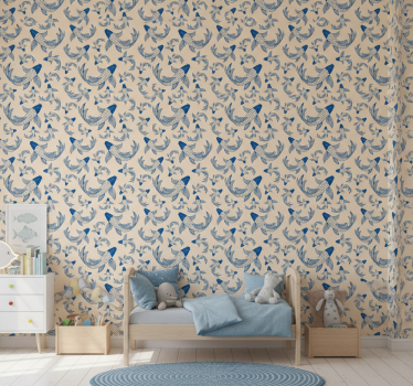 Barn tapet blå simmande fiskar på beige bakgrund - Tenstickers