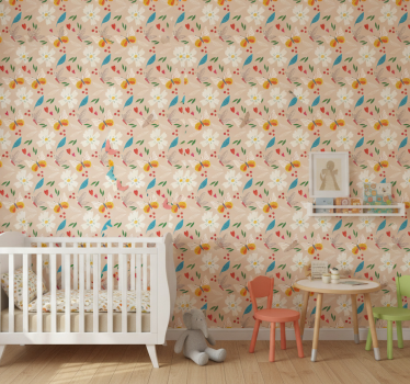 Barn tapet blommor och fjärilar med beige bakgrund - Tenstickers