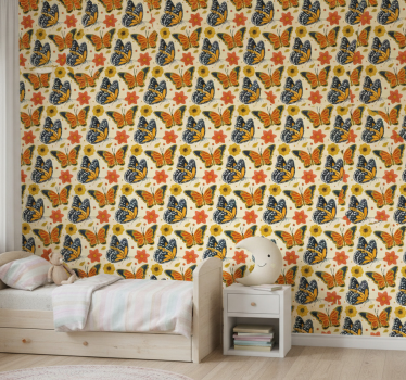 Barn tapet fjärilar blommönster - Tenstickers