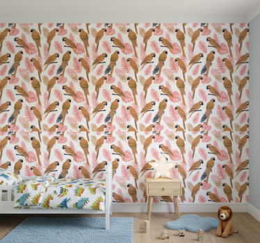 Barn tapet orange papegojor med rosa blommor - Tenstickers