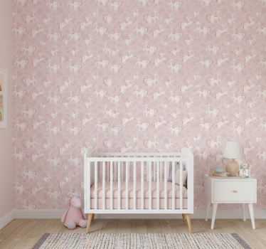 Barn tapet rosa och hög enhörning med blommor - Tenstickers