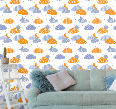 Blå och orange moln och sol barn tapet - Tenstickers