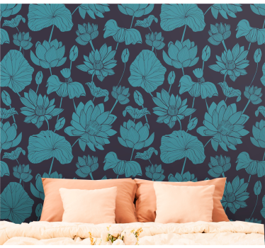 Blå vintage lotus natur tapet - Tenstickers