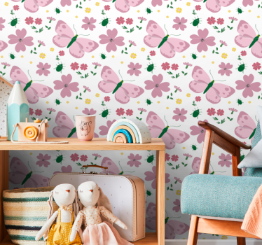 Delikat rosa blomma och fjäril barn tapeter - Tenstickers
