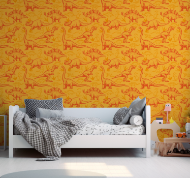 Dinosaurier figurer orange bakgrund barn tapet - Tenstickers
