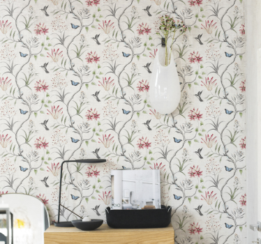 Fågel & fjäril blomma gren cool djur tapet - Tenstickers