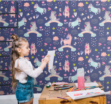 Färgglada enhörningsmönster barn tapet - Tenstickers