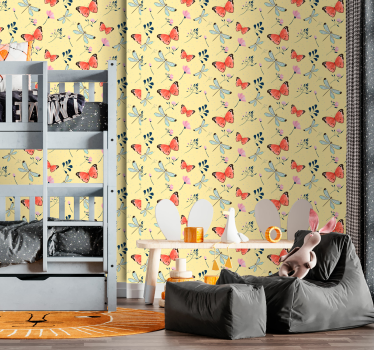 Fjäril i rad med blommor tapeter - Tenstickers