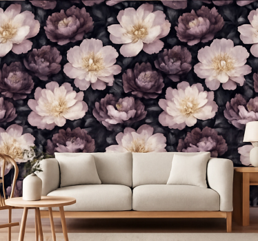 Fondtapet vardagsrum mörka blommor - Tenstickers