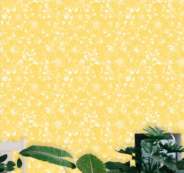 Gul blommig sovrumstapet i grandmillenial stil - Tenstickers