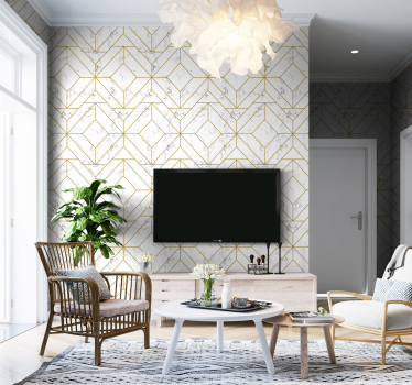 Guld och vitt geometriska fondtapet vardagsrum - Tenstickers