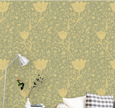 Guldgrön blommönster lounge tapet - Tenstickers