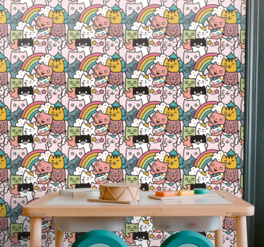 Katt doodle pastellfärger mönster barn tapeter - Tenstickers