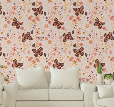 Rosa blommor och fjärilar natur tapet - Tenstickers