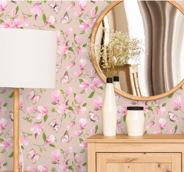 Rosa magnolia och fjärilsdesign natur tapeter - Tenstickers